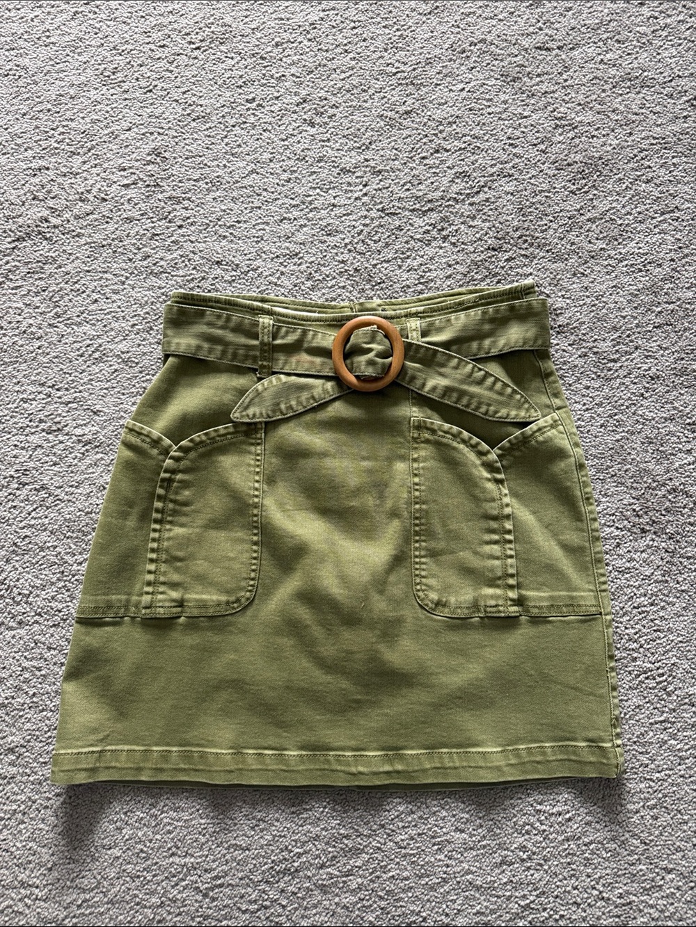 Anthropologie Olive Green Mini Skirt with Wooden Ring Belt